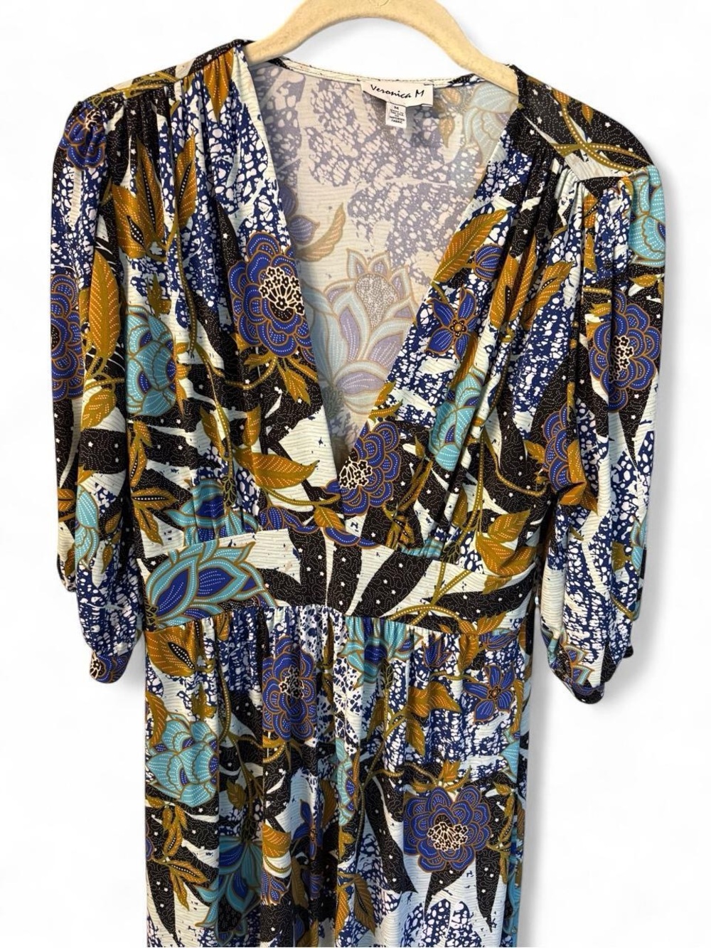 Veronica M Floral V-Neck Dress in Blue, Mustard & Black